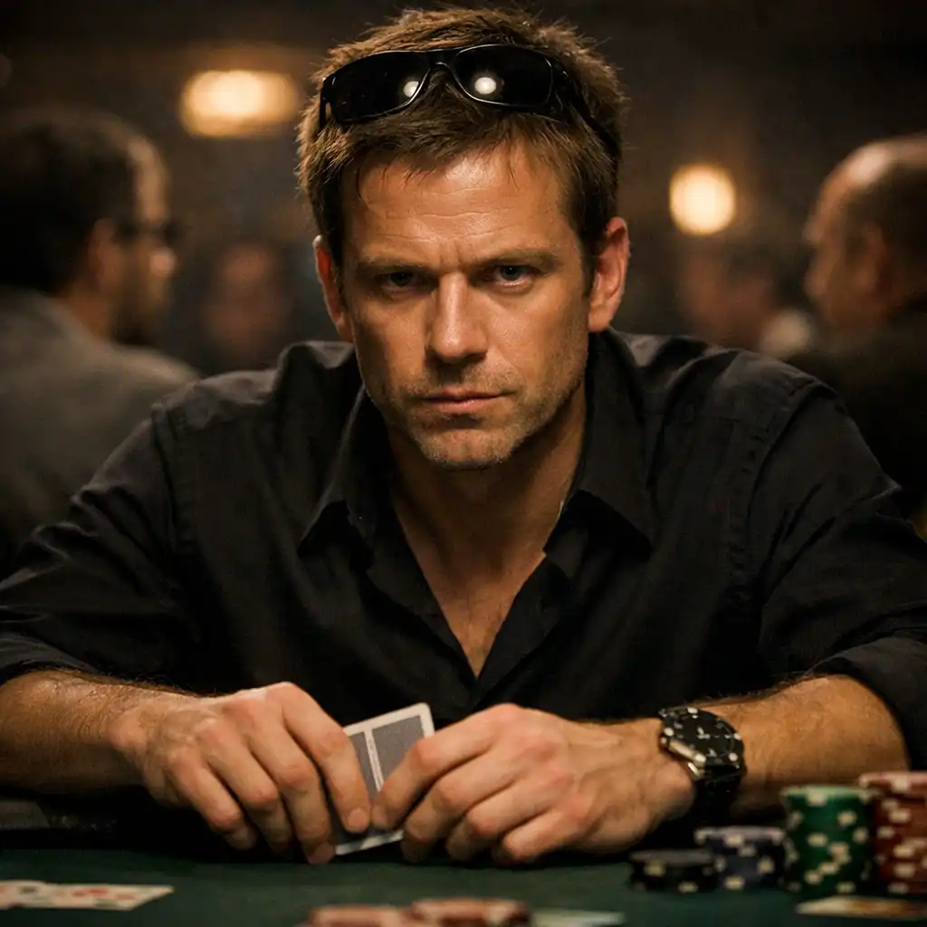 Actor in character as a professional poker player, sitting at a table with a serious expression and sunglasses on their head