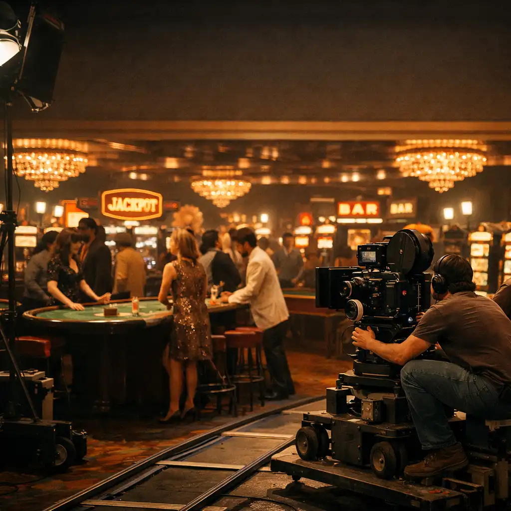 Film crew positioning a camera on a detailed 1970s Las Vegas casino set