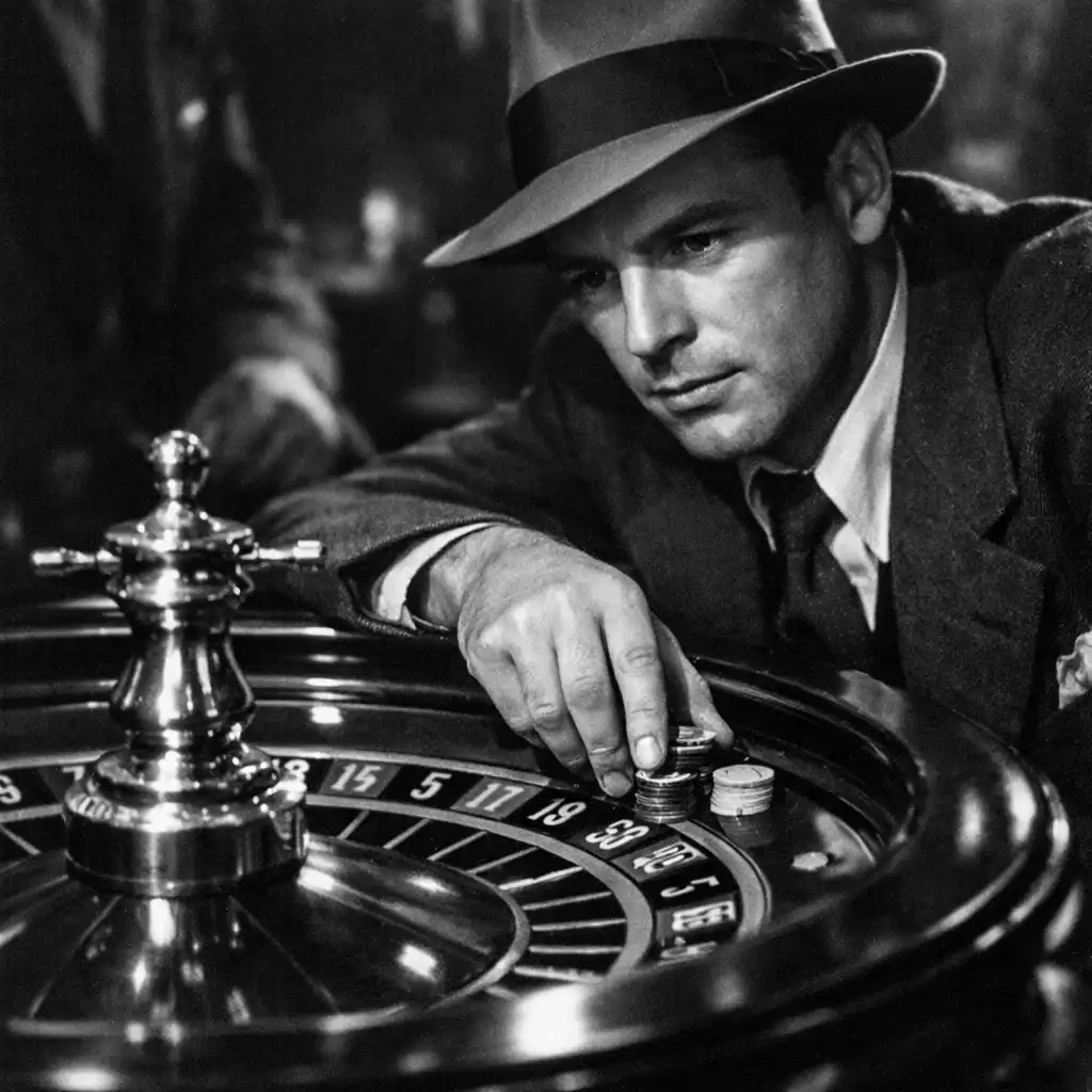 Black-and-white still of a roulette wheel in Casablanca with a man placing a bet