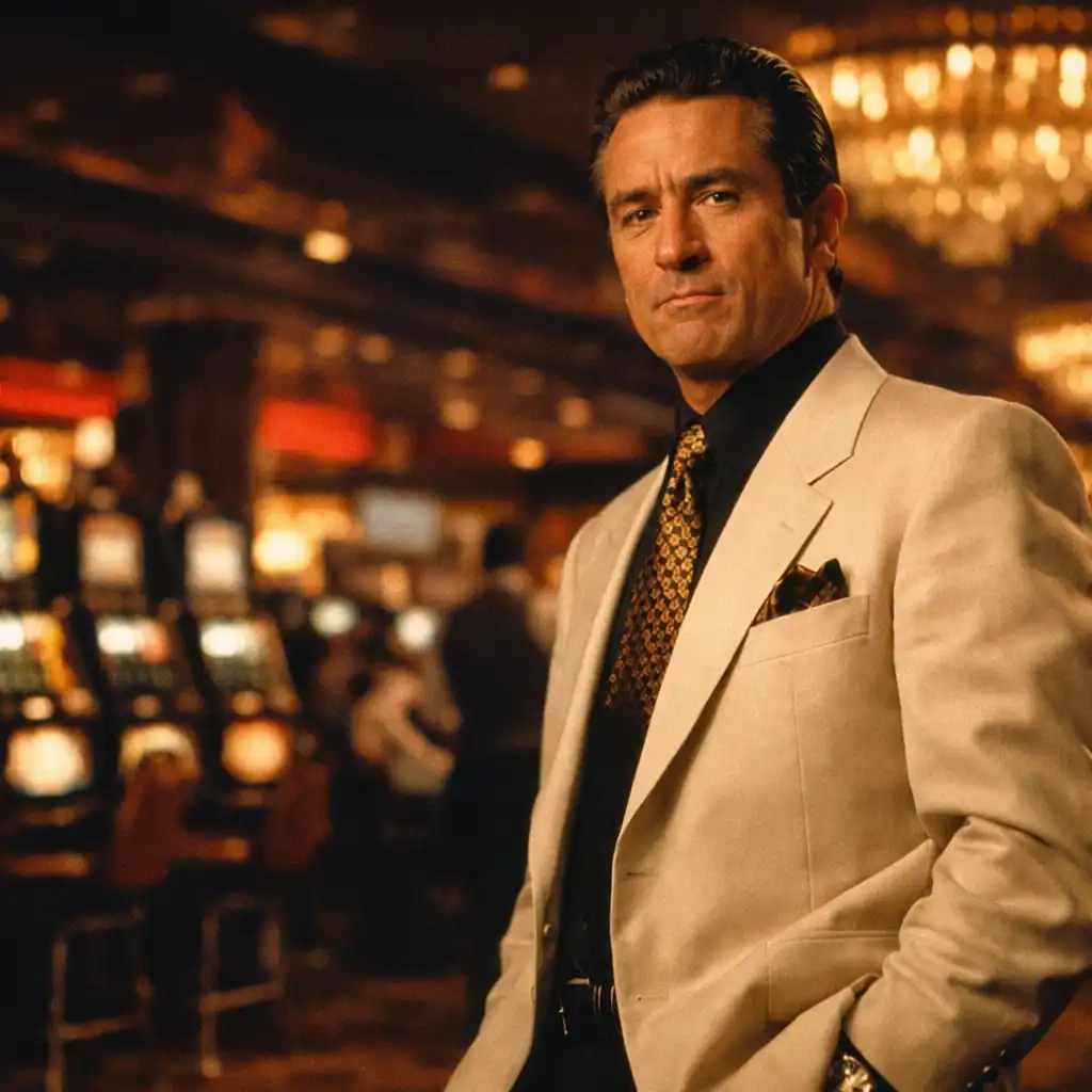 Robert De Niro as Sam Ace Rothstein standing in a lavish 1970s Las Vegas casino floor in Casino 1995
