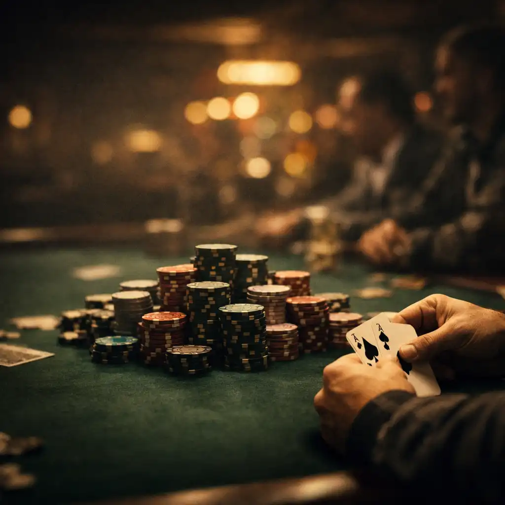 Tense high-stakes poker table in a dimly lit casino with chips and cards