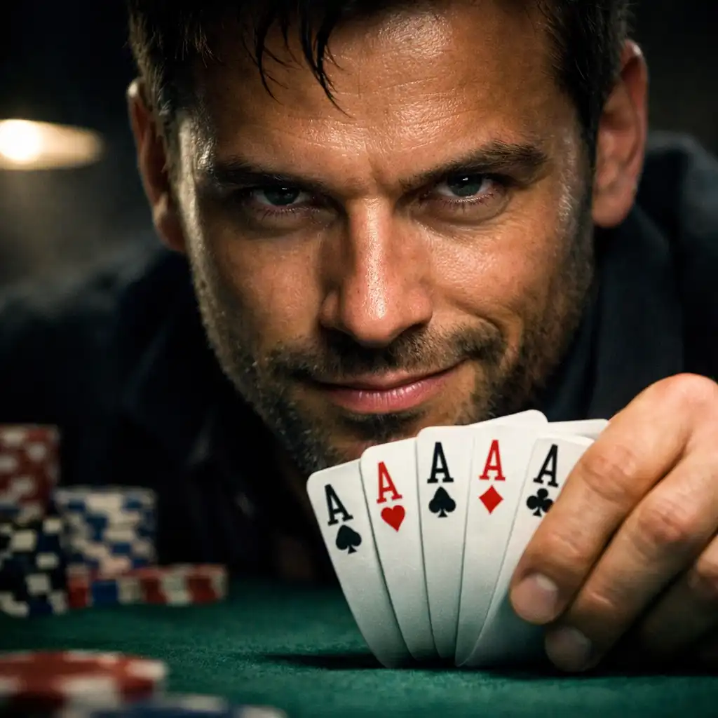 Close-up of a man's intense eyes as he lays down a winning poker hand in Casino Royale