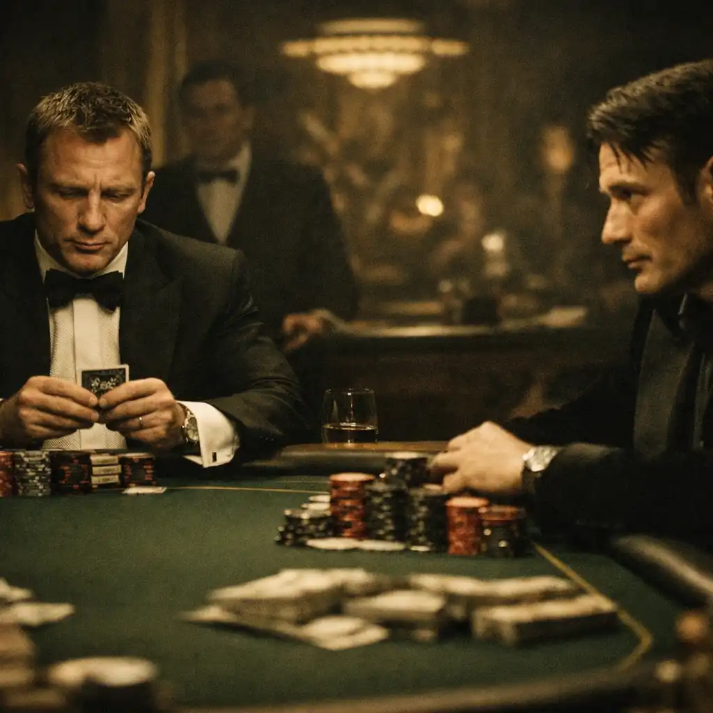James Bond studies his cards at a tense high-stakes poker table in Casino Royale