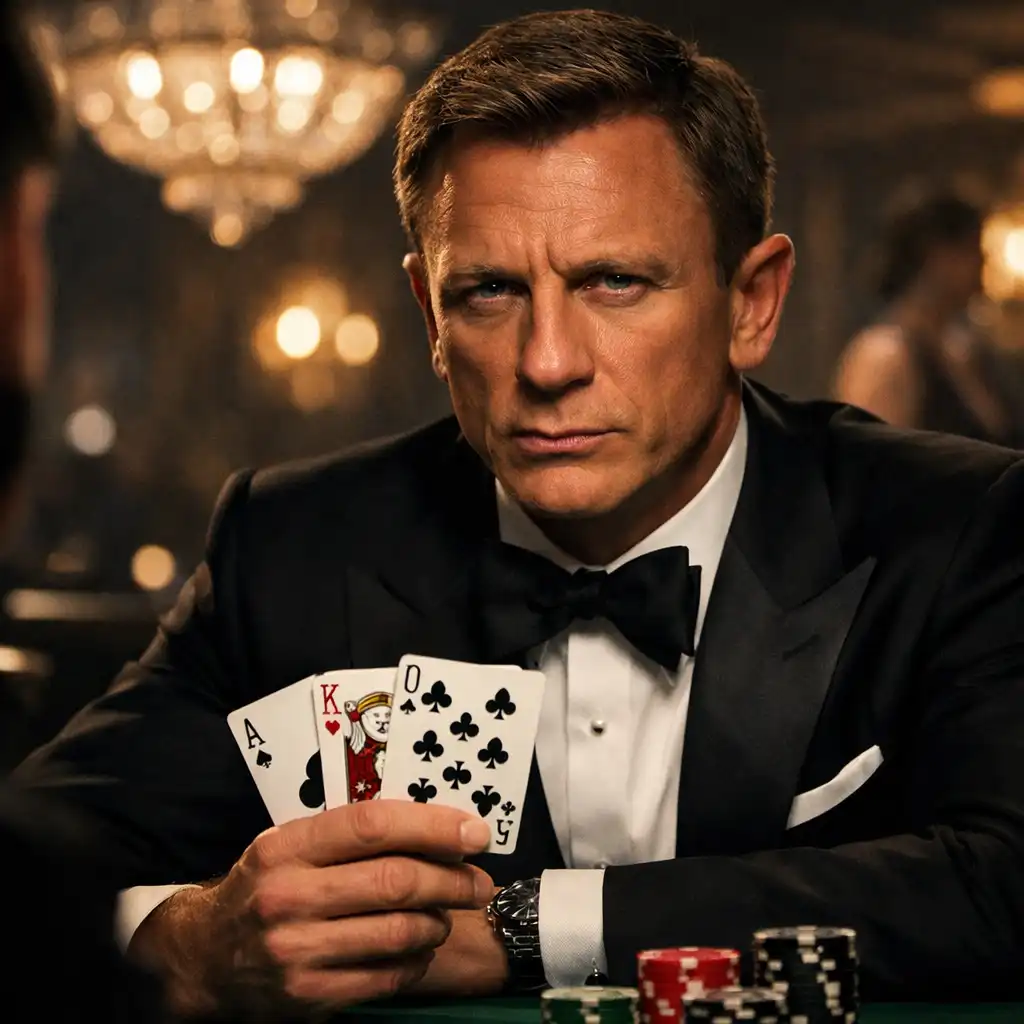James Bond-style figure in a tuxedo at an elegant casino poker table