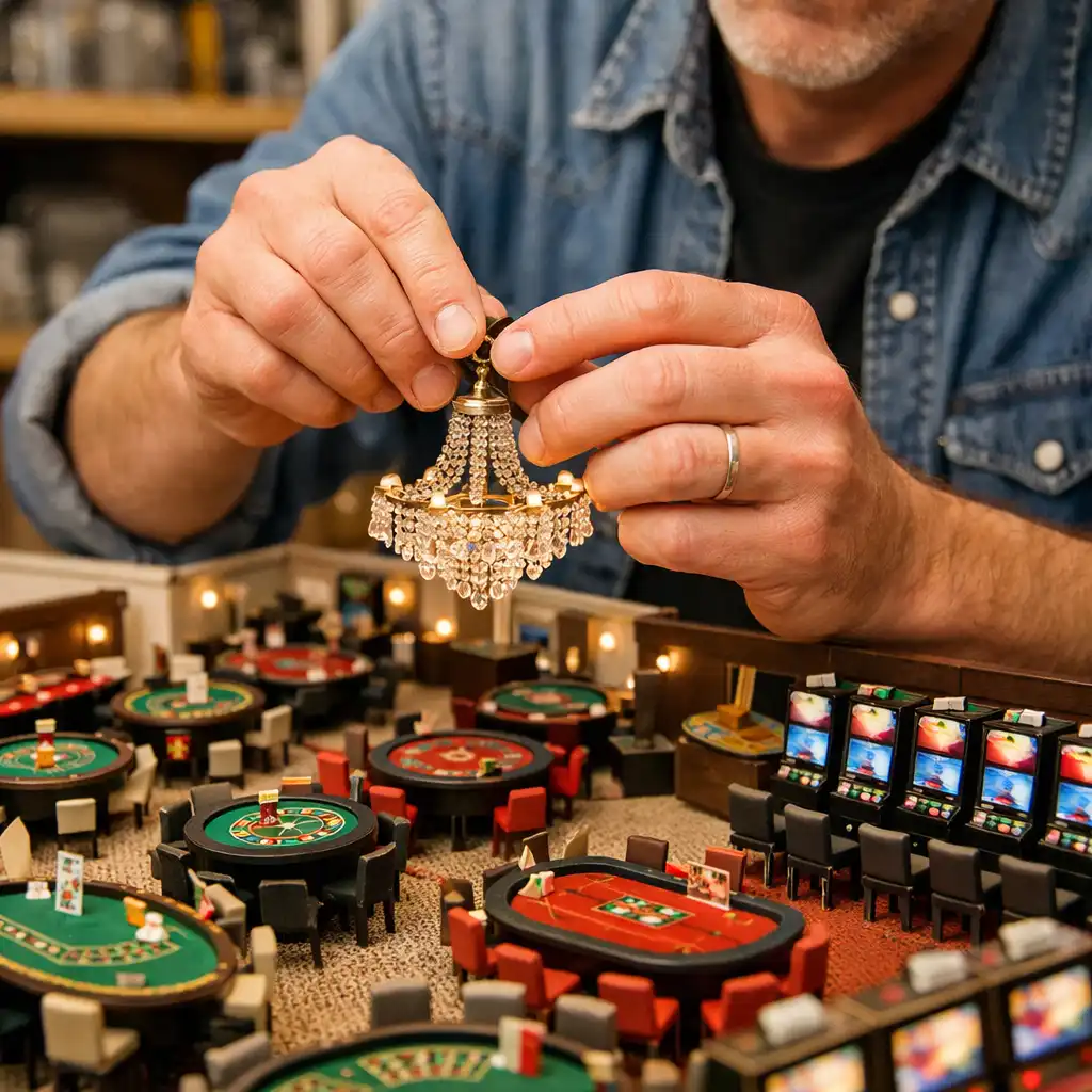 Production designer adjusting a scale model of a casino set with tiny tables and slot machines
