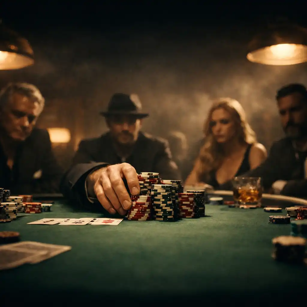 A tense high-stakes casino table moment with a player pushing chips forward under warm, smoky light
