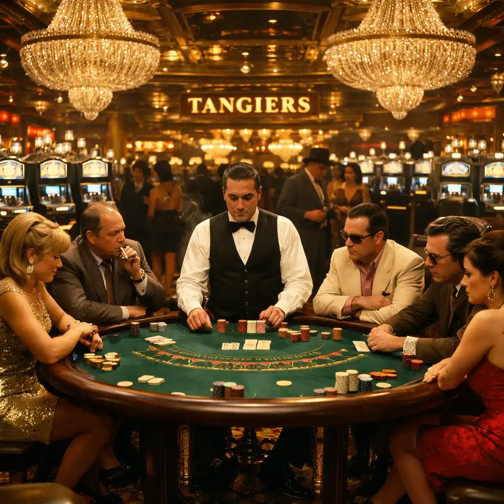 Lavish Tangiers casino set with ornate carpeting, chandeliers, and a blackjack table surrounded by actors in period costumes