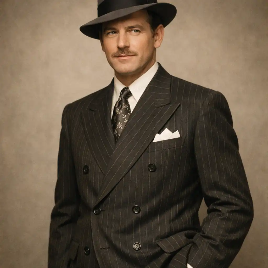Actor in a 1940s-style double-breasted pinstripe suit and fedora, standing against a neutral background
