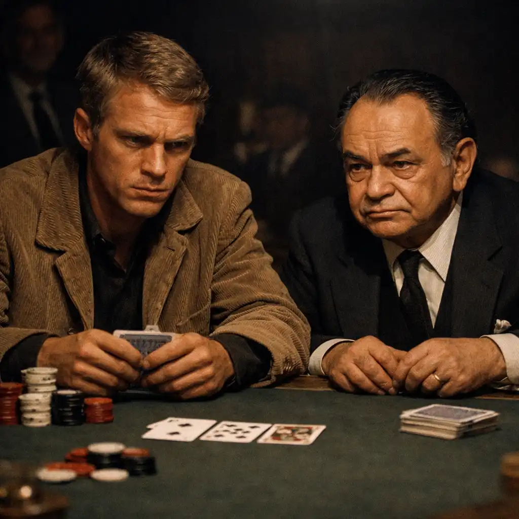 Steve McQueen and Edward G. Robinson face off in the final hand of The Cincinnati Kid