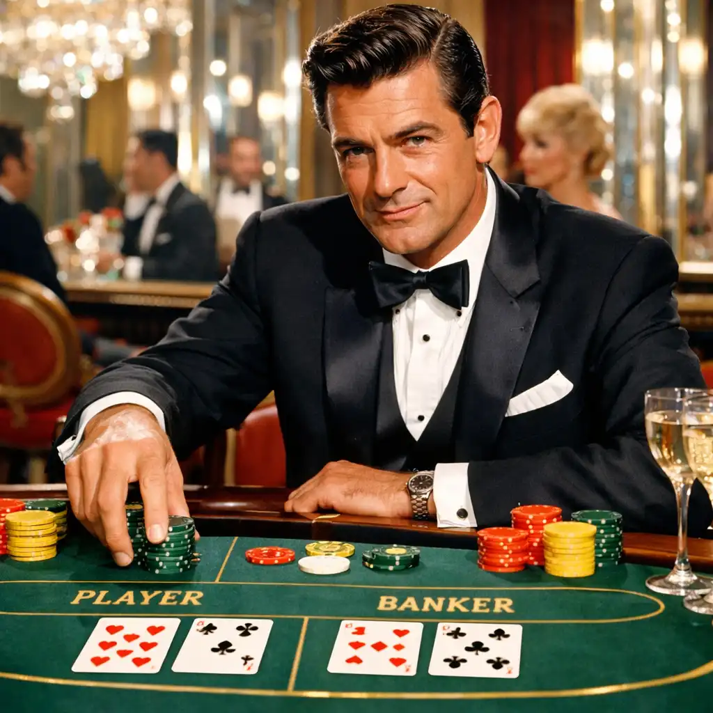 A suave man in a tuxedo places a bet at a baccarat table in Dr. No