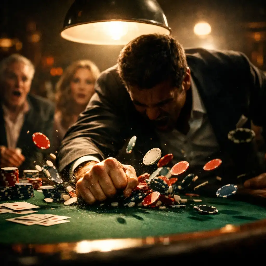 Dramatic scene of a character slamming their fist on a poker table, with chips flying and other players reacting