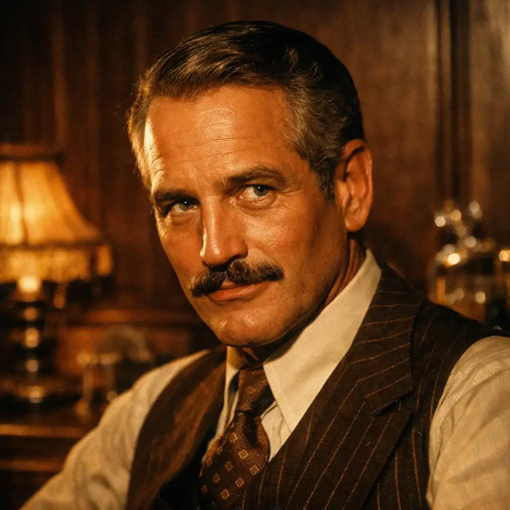 Portrait of Henry Gondorff with a mustache and period suit, looking shrewd