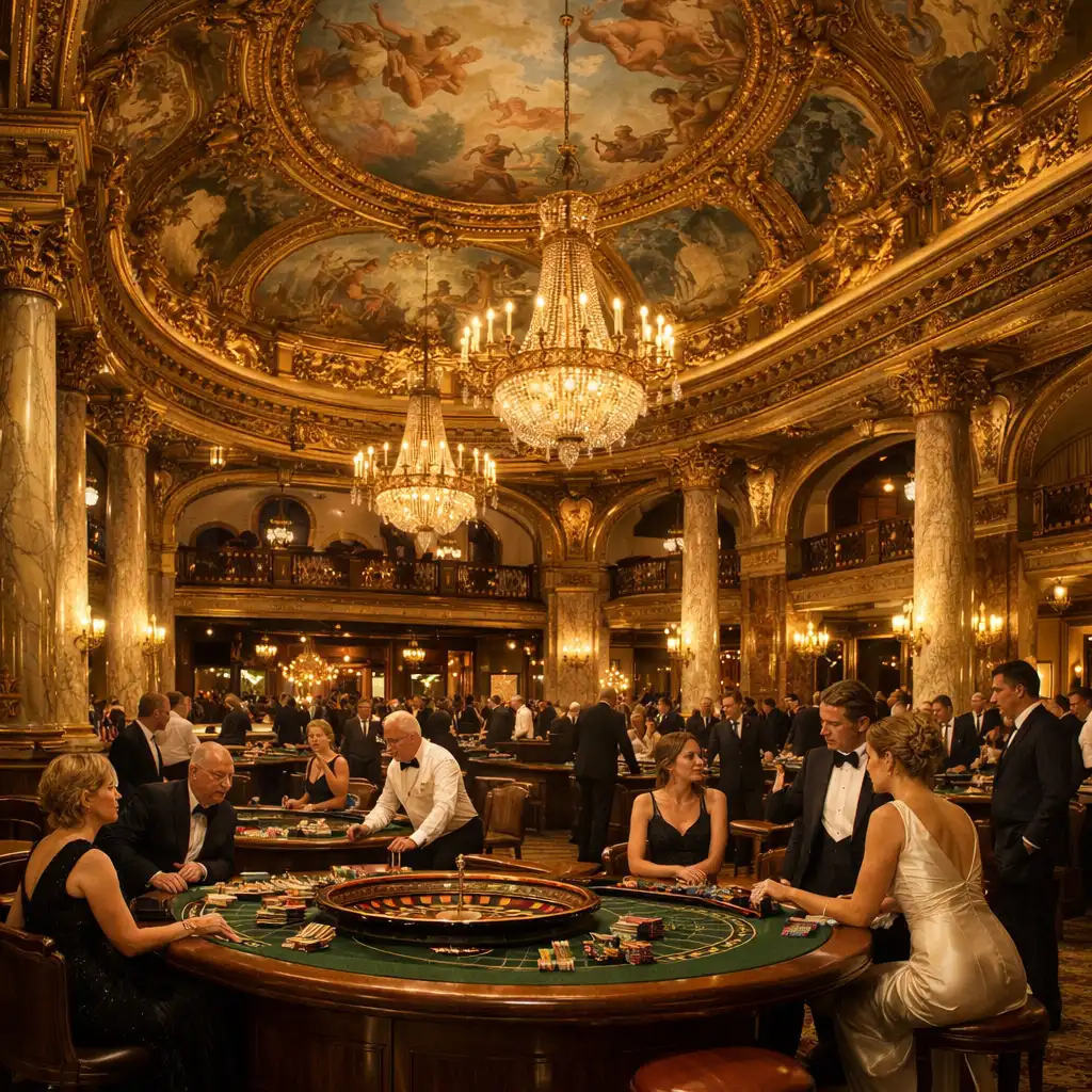 Ornate interior of the Casino de Monte-Carlo with gold leaf, marble columns, and roulette tables