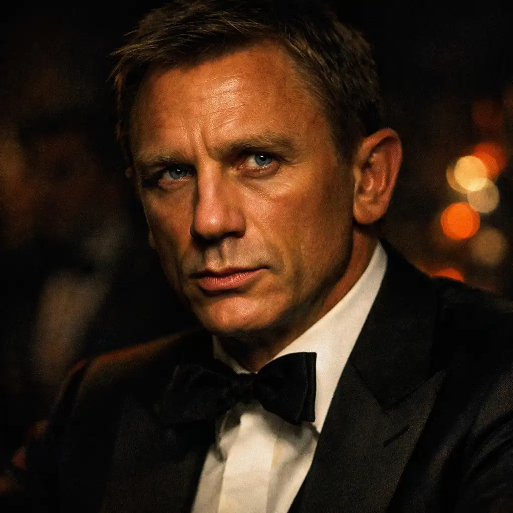 Portrait of James Bond in a tuxedo, looking serious