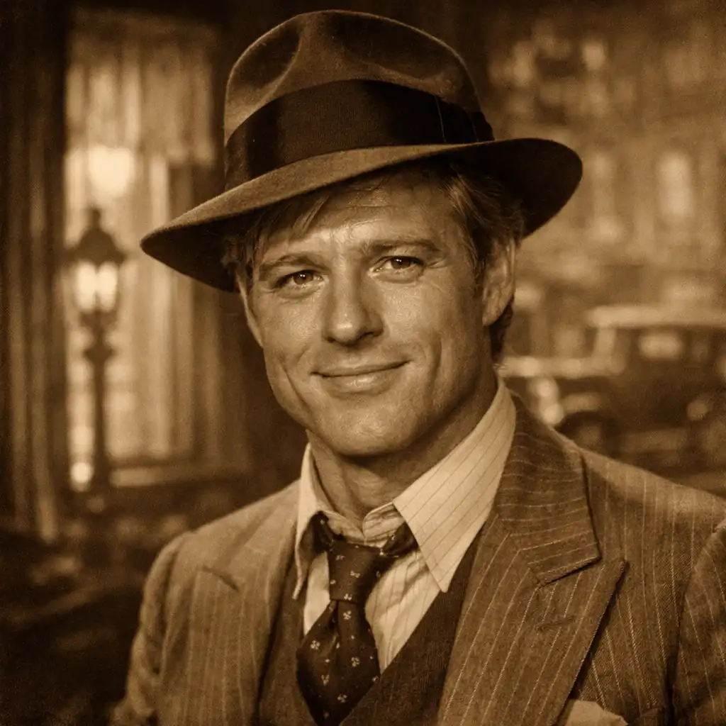 Portrait of Johnny Hooker in 1930s attire with a fedora, smiling