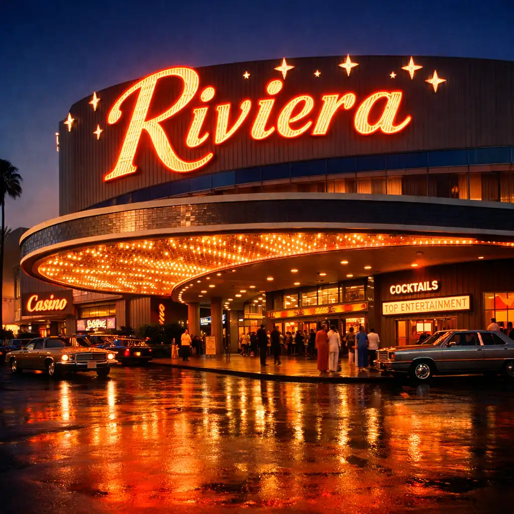 Exterior of the Riviera casino in Las Vegas at dusk, with a large neon sign