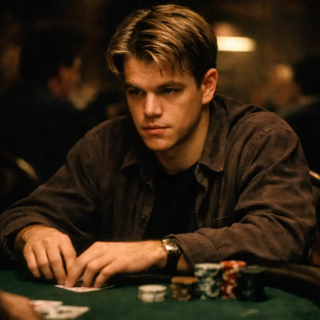 Portrait of Mike McDermott at a poker table, focused
