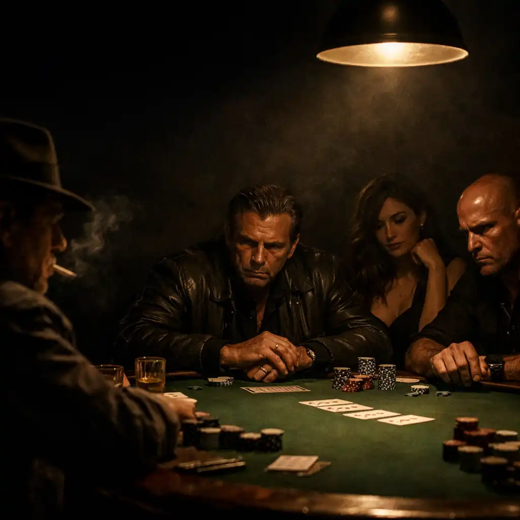 Intense players around a high-stakes poker table under a single overhead lamp