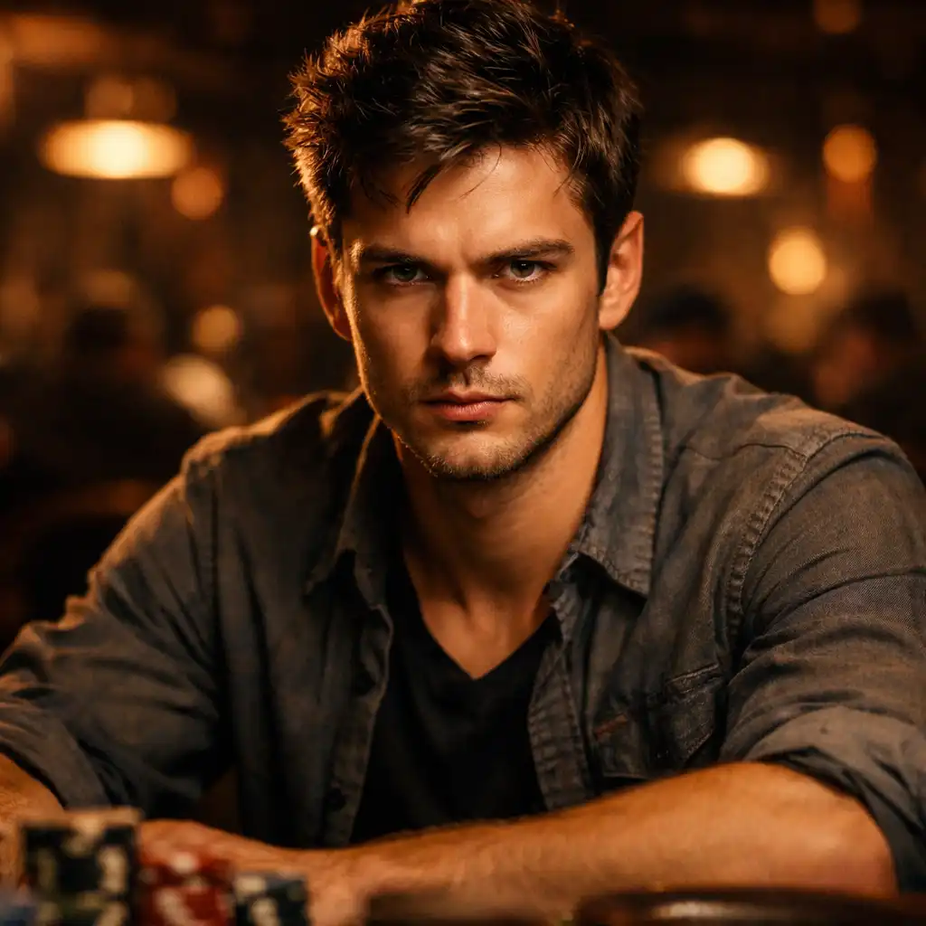 Portrait of a young, intense poker player representing the Prodigy archetype
