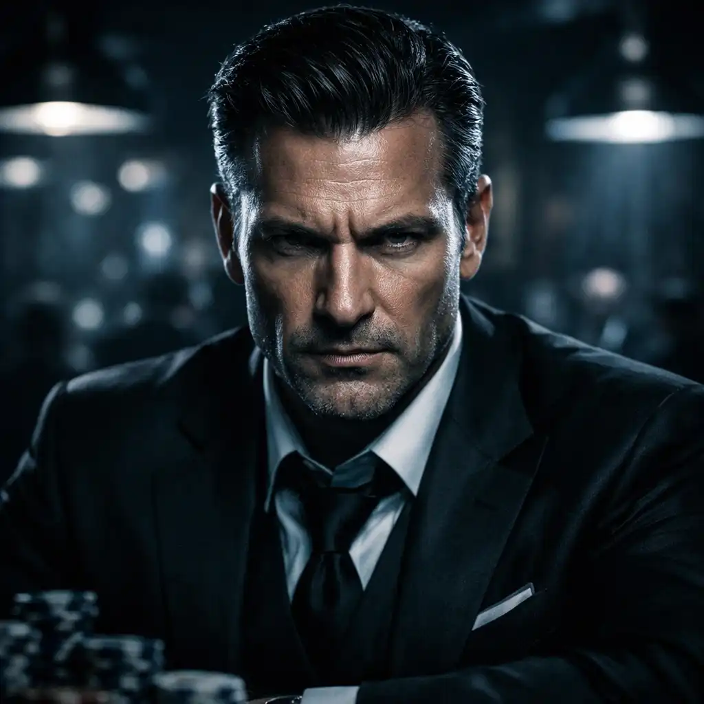 Portrait of a ruthless, intimidating poker player representing the Shark archetype