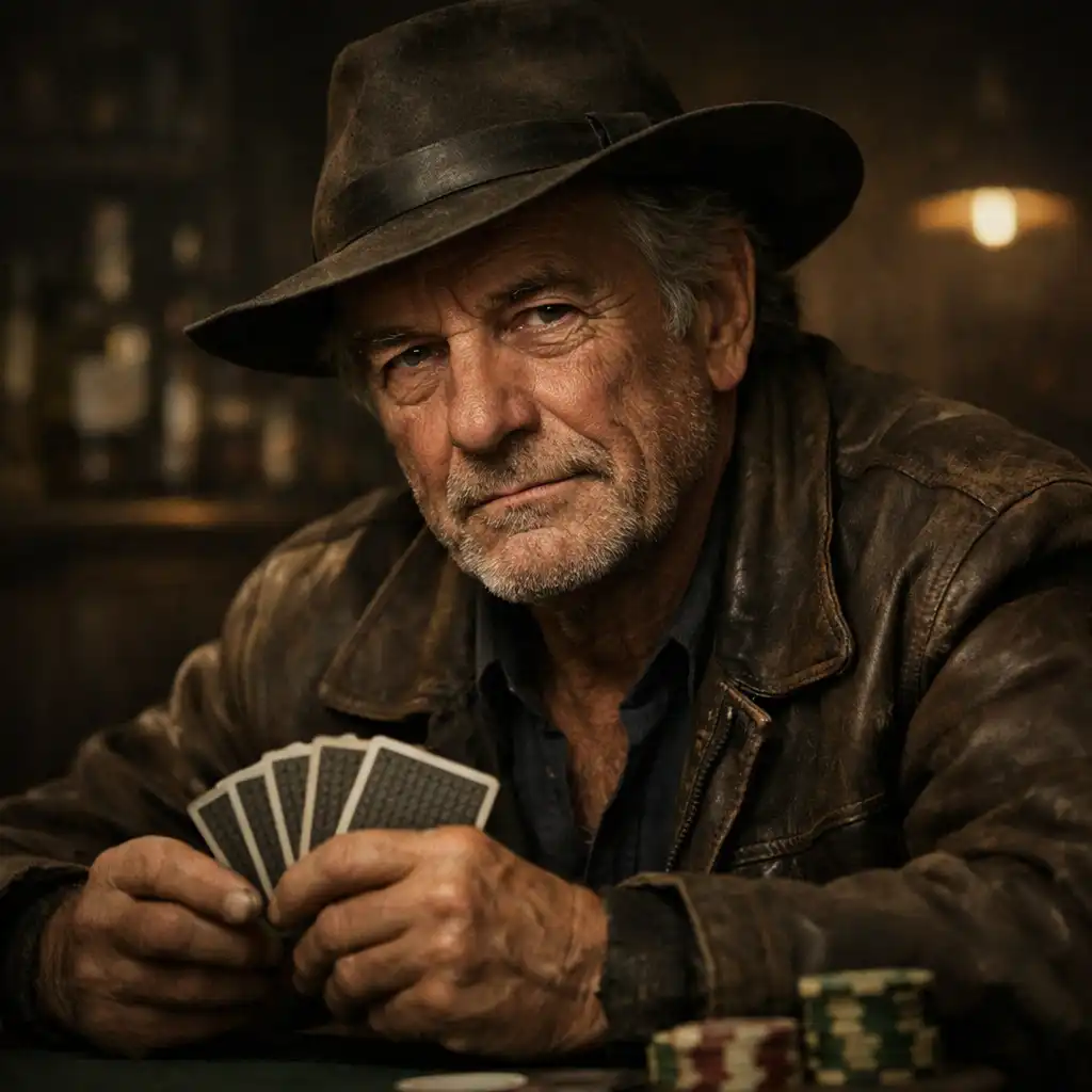 Portrait of an older, weathered poker player representing the Veteran archetype