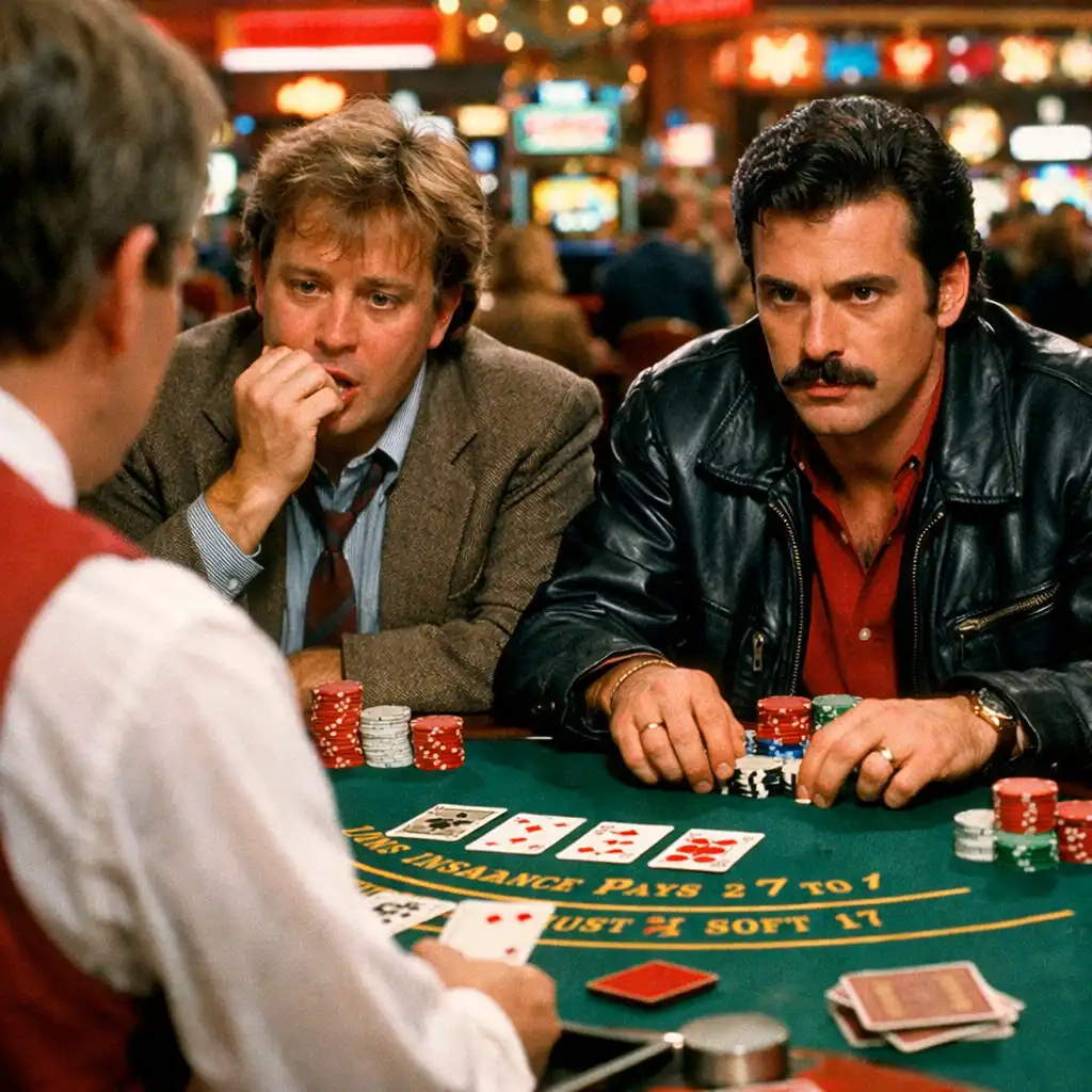 Two men at a blackjack table in Rain Man, one focused and one anxious