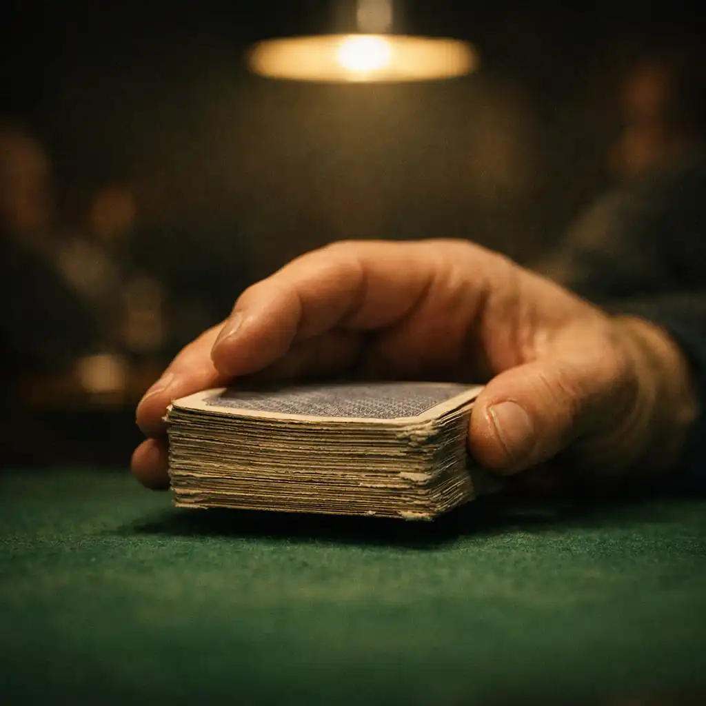 A close-up of a hand holding a worn deck of playing cards over a green felt poker table