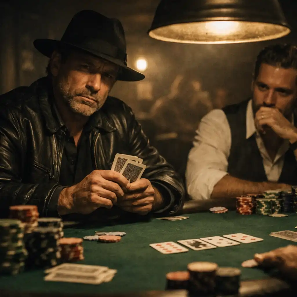Two players face each other across a green felt poker table in a dimly lit underground club, chips and cards in the foreground.