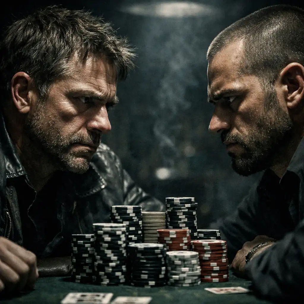 Two men face off across a poker table in Rounders, stacks of chips between them