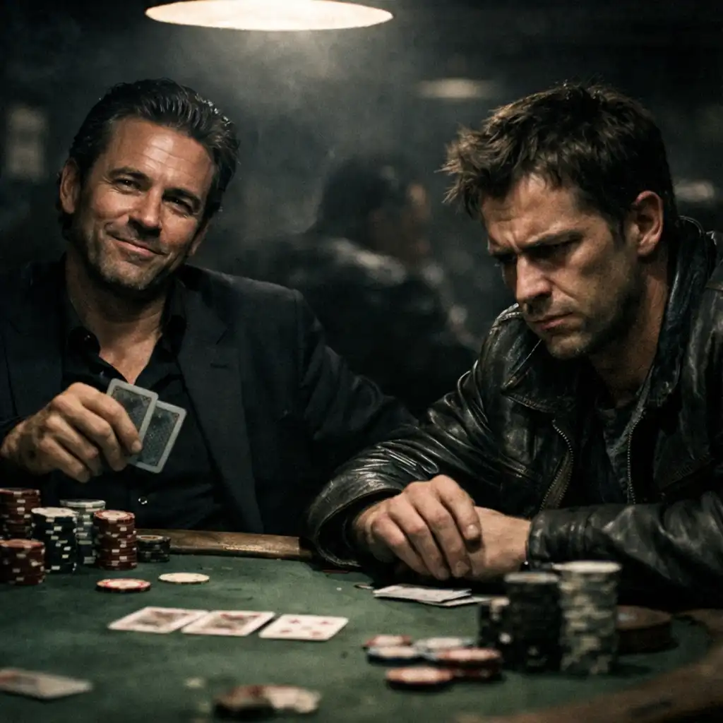 Two men in a dimly lit underground poker room, one confident and one tense