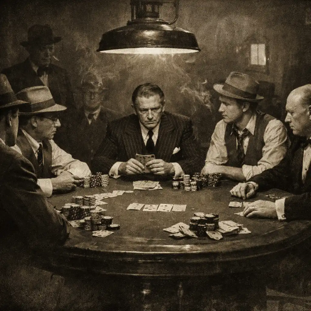 Wide shot of a tense poker scene from The Sting with period-dressed characters around a table