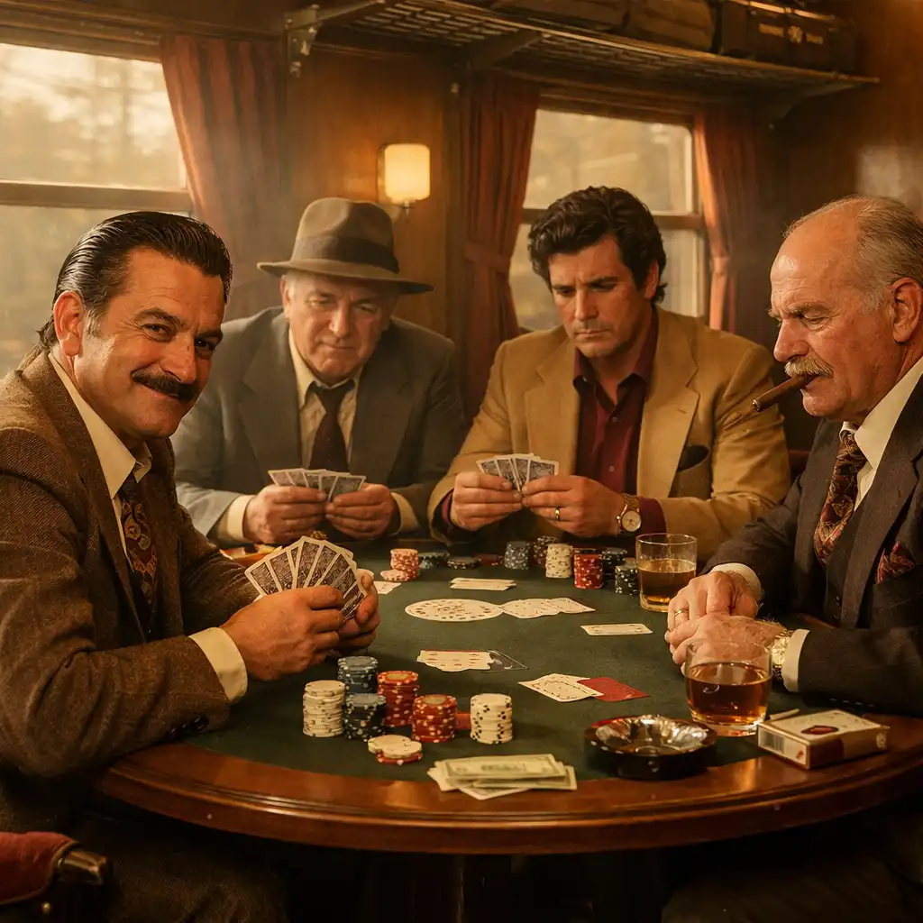 Four men in period suits play poker on a train in The Sting