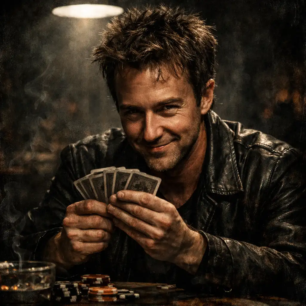 Portrait of Worm Murphy with a sly grin, holding cards